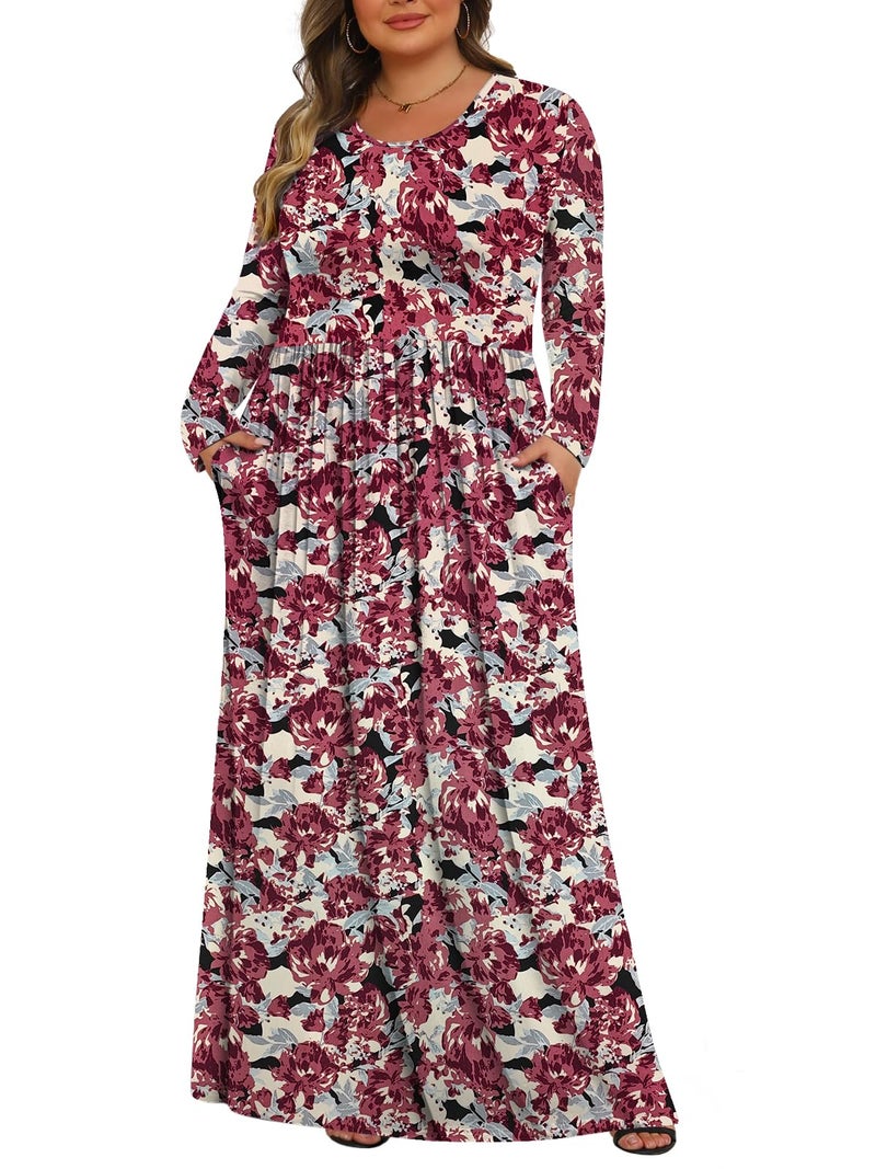 Tencede Womens Plus Size Maxi Dresses Long Sleeve with Pockets Casual Long Dress Retro Flower 3X - Image 1
