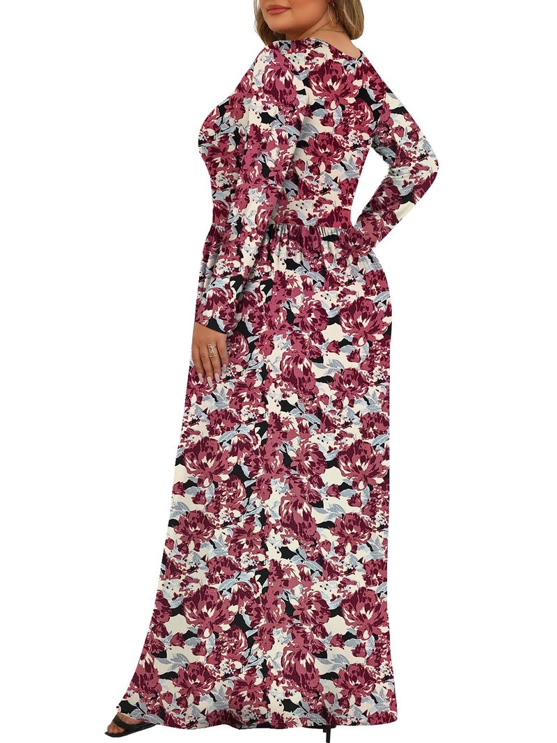 Tencede Womens Plus Size Maxi Dresses Long Sleeve with Pockets Casual Long Dress Retro Flower 3X - Image 4