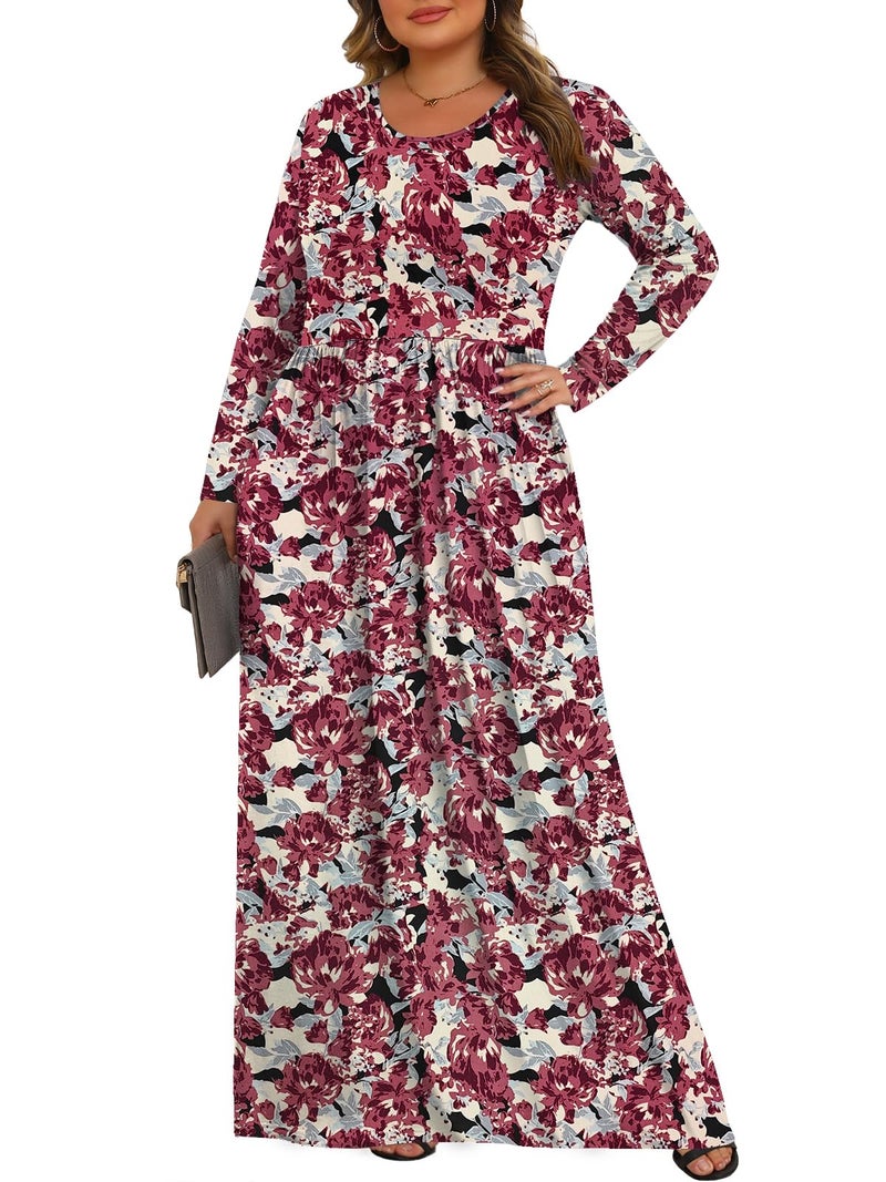 Tencede Womens Plus Size Maxi Dresses Long Sleeve with Pockets Casual Long Dress Retro Flower 3X - Image 2