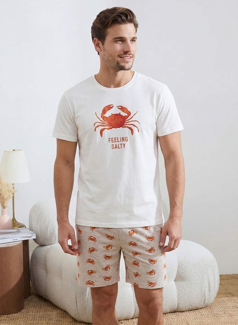 trendyol Ekru Regular Fit Crab Printed Cotton Pajama Set Tmnss26Pt00020 - Image 1