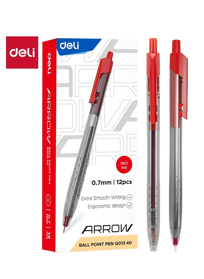 Deli EQ01340 Arrow Retractable Ballpoint Pens, 0.7mm Fine Point, Red Ink, Smooth Writing, Ergonomic Grip, 12 Pack. - Image 1