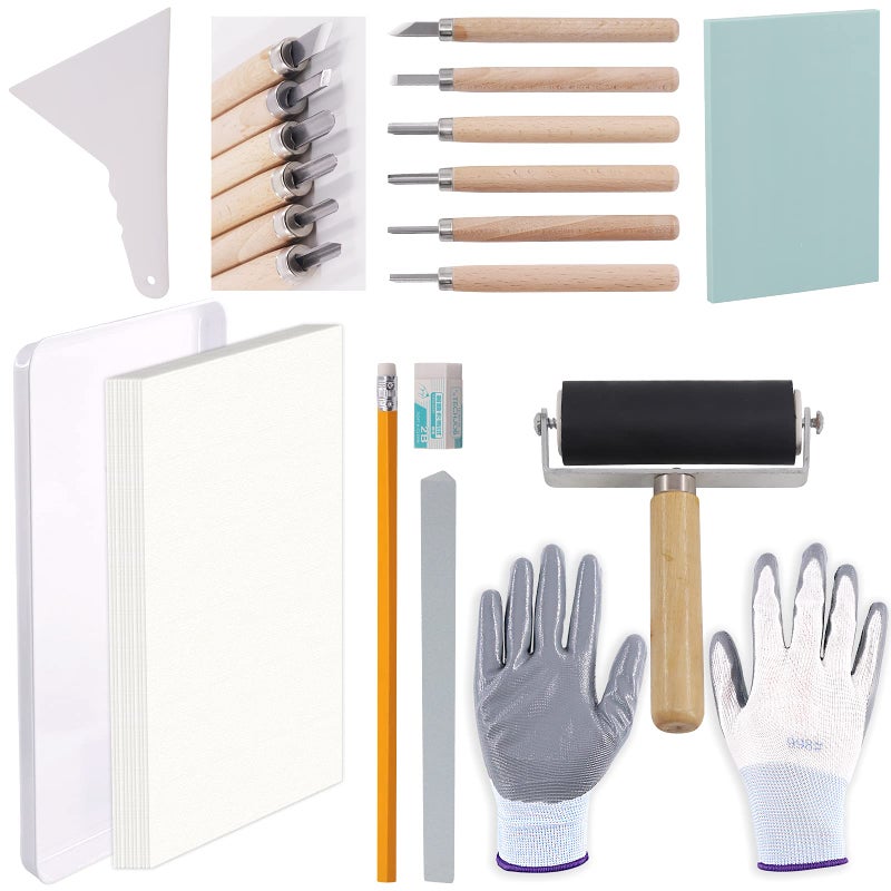 Rustark 24 Pieces Block Printing Starter Tool Kit with Whetstone Stamp Block Carving Tools Tracing PapersPencil GlovesEraser and Scrapper Rubber Stamp Making Kit for Stamping and Printmaking
