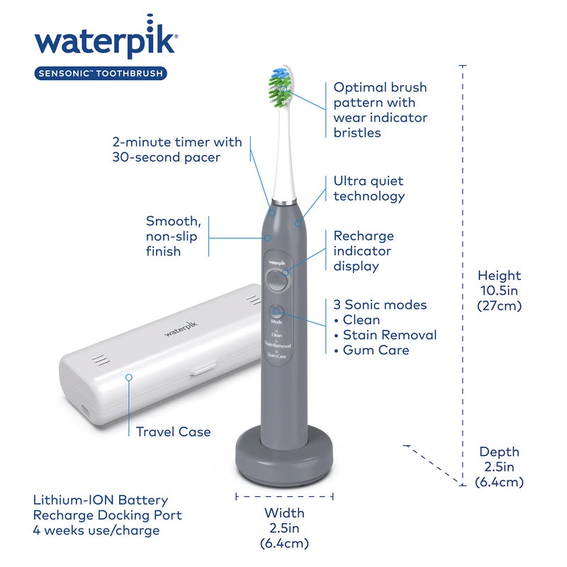 Waterpik Sensonic Sonic Electric Toothbrush, Rechargeable Toothbrush for Adults with 3 Modes, Travel Case, USB Charger, Modern Gray STW-03W027, Packaging May Vary - Image 4