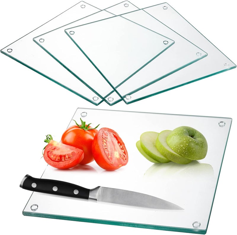 Hacaroa Set of 4 Tempered Glass Cutting Board, 10"x10" Square Chopping Board with Rubber Feet, Non-slip Glass Tray for Kitchen Countertop, Long Lasting, Shatter-Resistant, Dishwasher Safe, Clear - Image 1