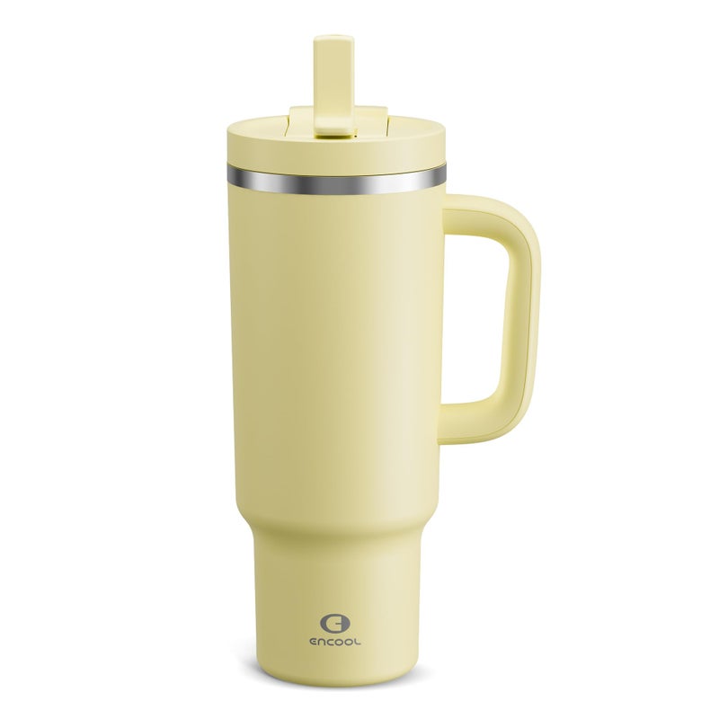 40 oz Tumbler with Handle and Straw Stainless Steel Insulated Tumbler Keeps Cold for 24 Hours Leakproof Travel Cup Fits in Cup Holder and BPAFreeLight Vanilla