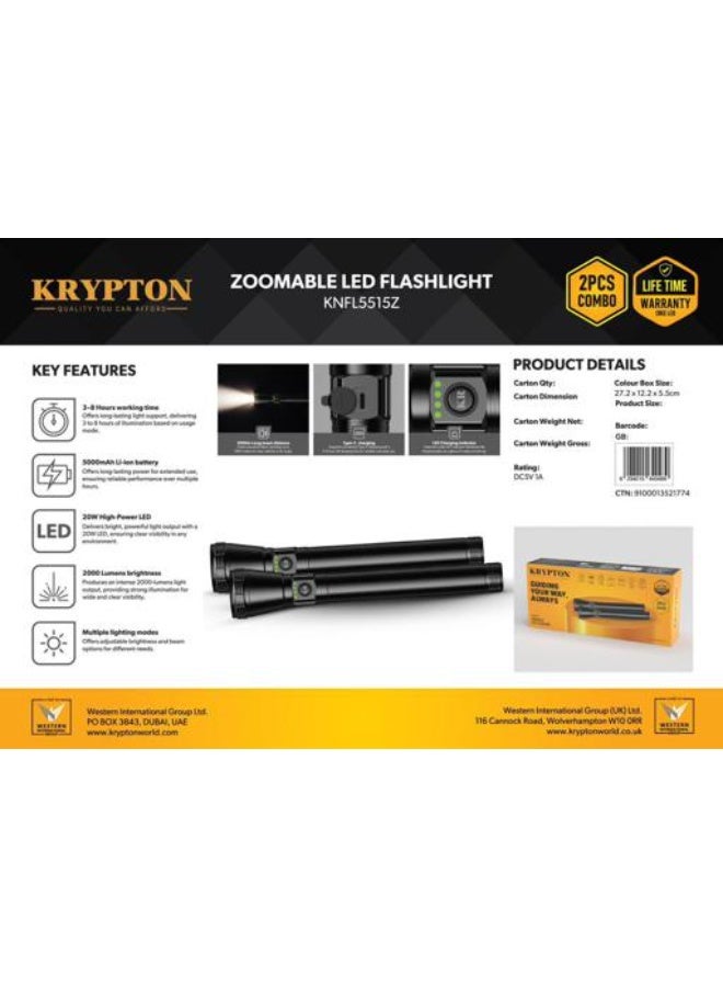 Krypton Zoomable LED Flashlight 2 PCS Combo KNFL5515 – 20W High Power 2000 Lumens, 5000mAh Battery, 2000m Beam, Type-C Rechargeable, 3–8H Runtime, Black - Image 5