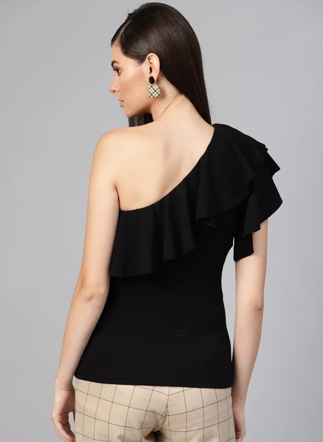SASSAFRAS Fitted One-Shoulder Black Top for Women