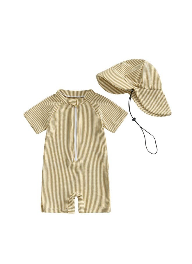 Generic - 70-80-90-100-110 Hat One-piece Special Striped Short Sleeve Children's Swimsuit-Color:Earthy Yellow-Size:70 - Image 1