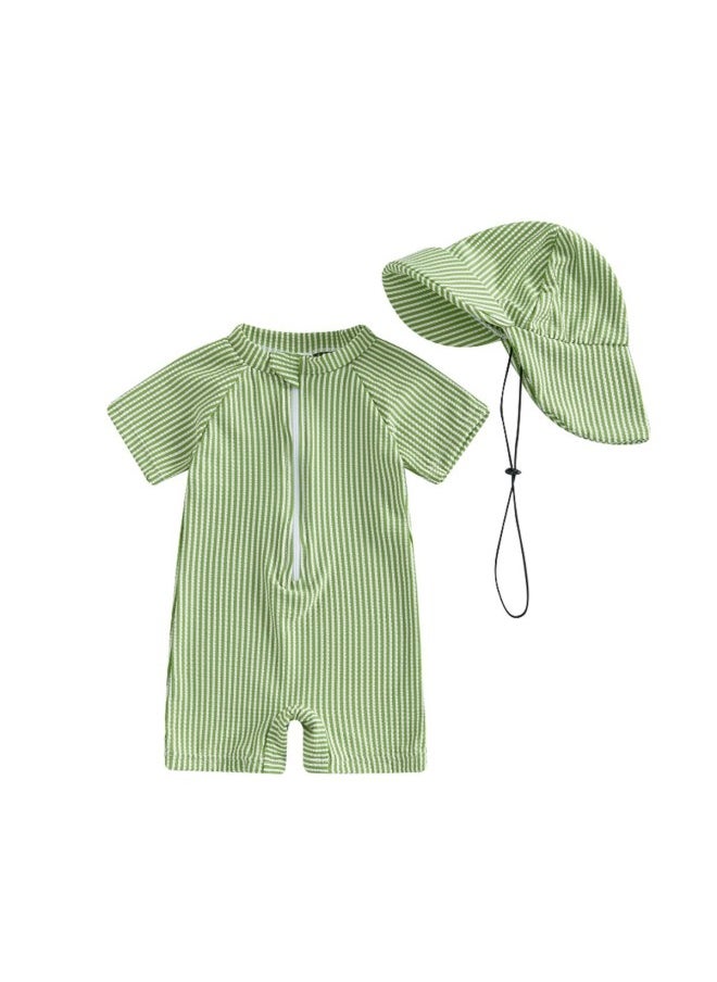 Generic - 70-80-90-100-110 Hat One-piece Special Striped Short Sleeve Children's Swimsuit-Color:Earthy Yellow-Size:70 - Image 1