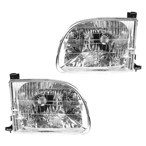 TRQ 2 Piece Headlight Assembly Set Chrome Bezel Driver & Passenger Side Compatible with Toyota Tundra 2000-2004 TO2502129 TO2503129 811100C010 811500C010 - Image 1