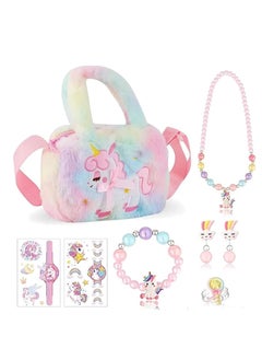 Excefore Unicorn Gifts for Girls, 8 PCS Unicorn Crossbody Bag Purse with Jewelry Set, Rainbow Plush Unicorn Princess Necklace Bracelet Rings Earrings Stickers Handbag Gifts Accessories Jewelry Party Favors  - Image 1