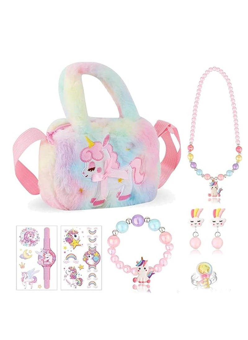 Excefore Unicorn Gifts for Girls, 8 PCS Unicorn Crossbody Bag Purse with Jewelry Set, Rainbow Plush Unicorn Princess Necklace Bracelet Rings Earrings Stickers Handbag Gifts Accessories Jewelry Party Favors  - Image 1
