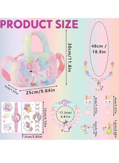 Excefore Unicorn Gifts for Girls, 8 PCS Unicorn Crossbody Bag Purse with Jewelry Set, Rainbow Plush Unicorn Princess Necklace Bracelet Rings Earrings Stickers Handbag Gifts Accessories Jewelry Party Favors  - Image 2