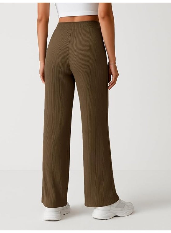 Pinkmint store Women High Waist Ribbed Wide Leg Trousers | Stretchable Palazzo Pants | Gym Yoga Workout Sports Activewear | Casual Lounge Travel Office Elastic Waist Flared Pants XL - Image 2