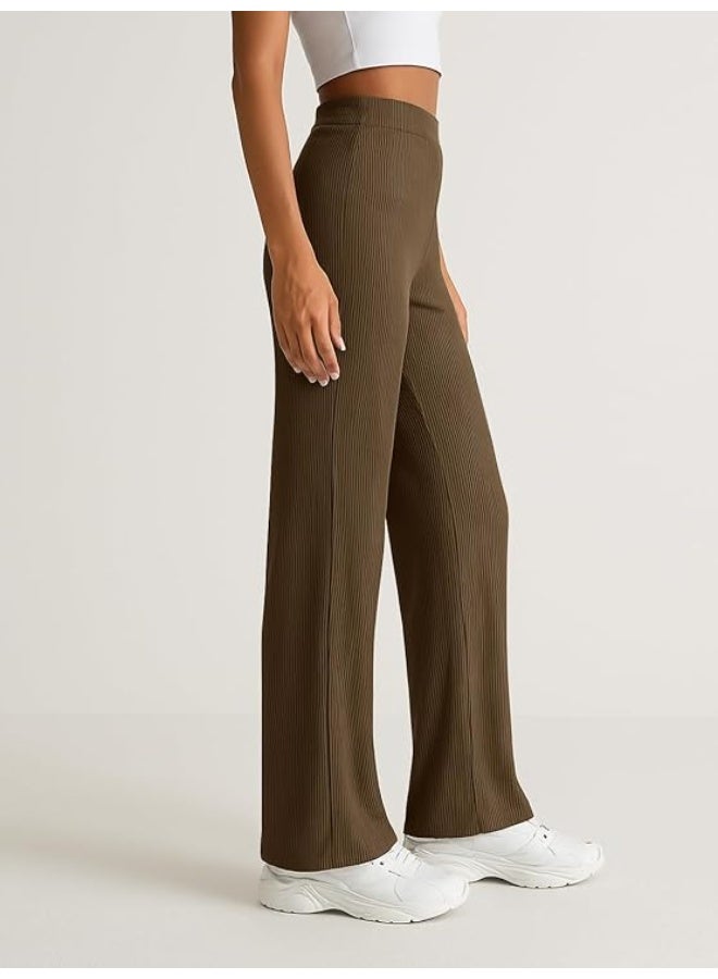 Pinkmint store Women High Waist Ribbed Wide Leg Trousers | Stretchable Palazzo Pants | Gym Yoga Workout Sports Activewear | Casual Lounge Travel Office Elastic Waist Flared Pants XL - Image 1