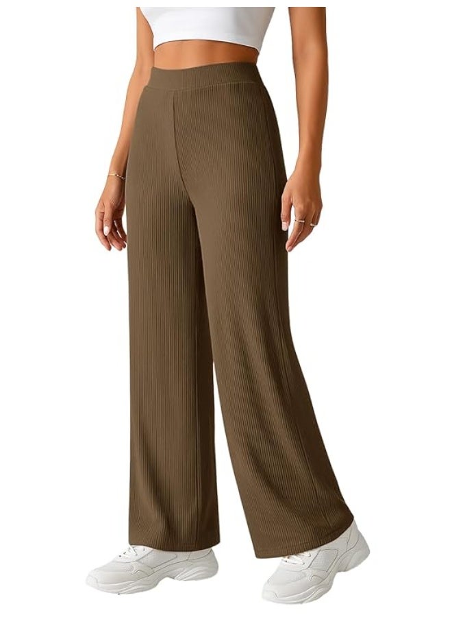 Pinkmint store Women High Waist Ribbed Wide Leg Trousers | Stretchable Palazzo Pants | Gym Yoga Workout Sports Activewear | Casual Lounge Travel Office Elastic Waist Flared Pants XL - Image 4