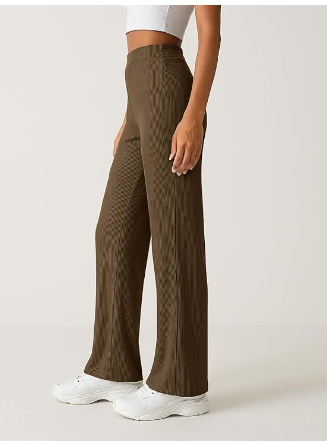 Pinkmint store Women High Waist Ribbed Wide Leg Trousers | Stretchable Palazzo Pants | Gym Yoga Workout Sports Activewear | Casual Lounge Travel Office Elastic Waist Flared Pants XL - Image 3