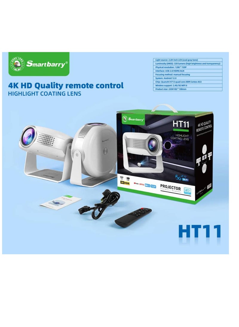 Smartbarry - HT11 Android Smart 4K Projector Portable Auto Keystone WiFi Bluetooth 1180 Degree Flip Portable Projector Home Theatre Compatible with TV Stick/HDMI/USB/PS5/iOS/PS4. - Image 1