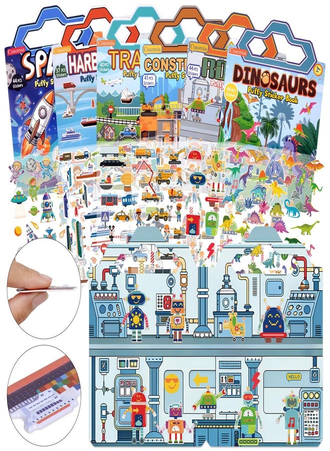 Cosomia 6 Pack Reusable Puffy Sticker Books, 250Pcs Kids Activity Stickers Ages 3+, Travel Sticker Book Dinosaur/Space/Traffic/Robot/Harbor/Construction for Boys Girls - Image 2
