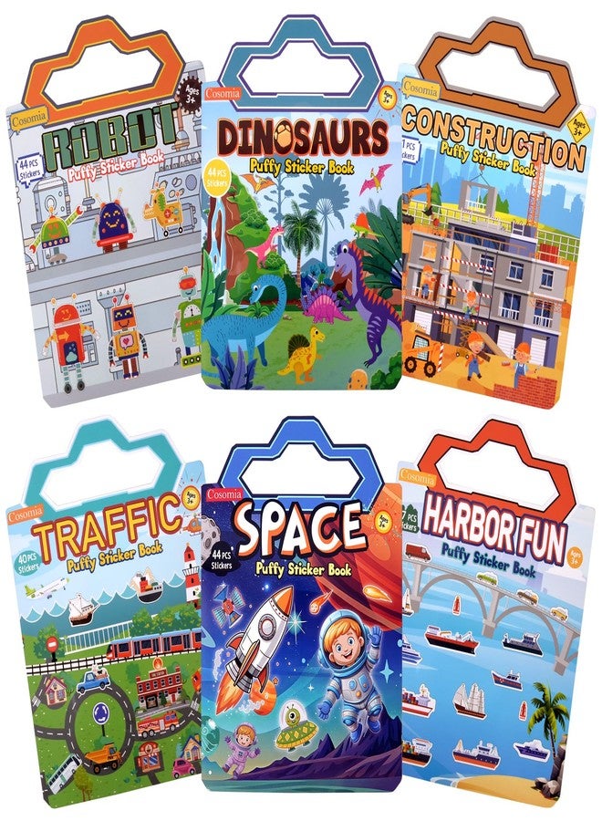 Cosomia 6 Pack Reusable Puffy Sticker Books, 250Pcs Kids Activity Stickers Ages 3+, Travel Sticker Book Dinosaur/Space/Traffic/Robot/Harbor/Construction for Boys Girls - Image 1
