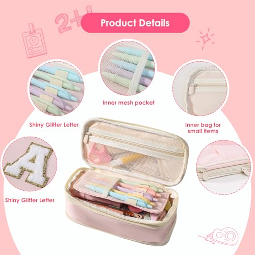 Janhavi Preppy Pencil Case for School Supplies, Large Initial Pencil Pouch with Zipper, Cute Pencil Bag for Office Supplies, Aesthetic Birthday Gift for Kids Teen Girls Adults - Pink M(Chenille) - Image 5