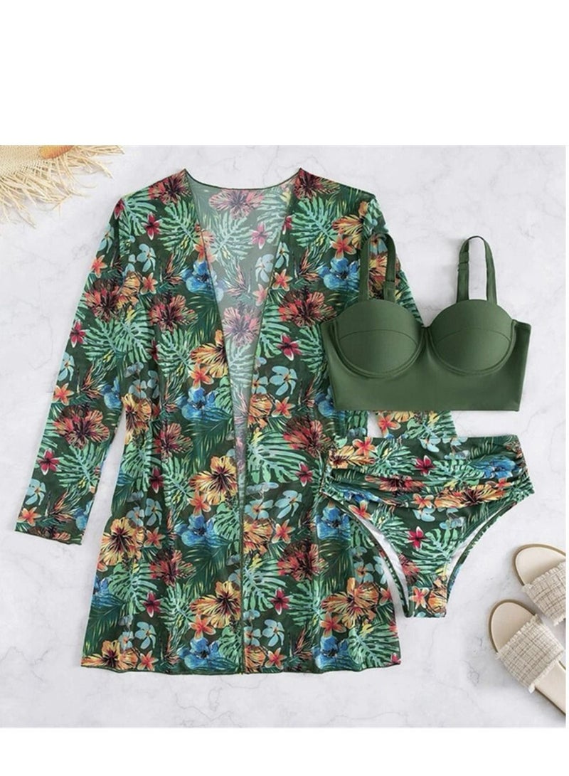 Loquat 3 Piece bikini Conservative High-waisted Swimwear Green - Image 1