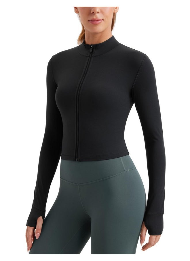 CRZ YOGA - CRZ YOGA Womens Butterluxe Full Zip Cropped Workout Jackets Slim Fit Lightweight Athletic Yoga Jacket with Thumb Holes Black Medium - Image 1