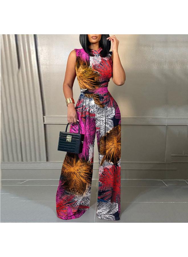 Summer New Products European And American Hot Casual Straight Jumpsuit Slim-fit Printed Sleeveless Pants Women's Clothing 