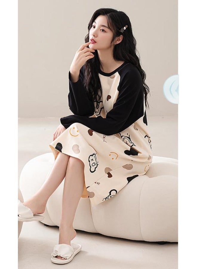 Autumn Cotton Sleep Dress Women's Loose Long Sleeve Built-in Bra Pad Midi Dress Casual Spring Summer Home Wear Nightgown - Image 1