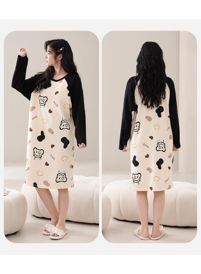 Autumn Cotton Sleep Dress Women's Loose Long Sleeve Built-in Bra Pad Midi Dress Casual Spring Summer Home Wear Nightgown - Image 2