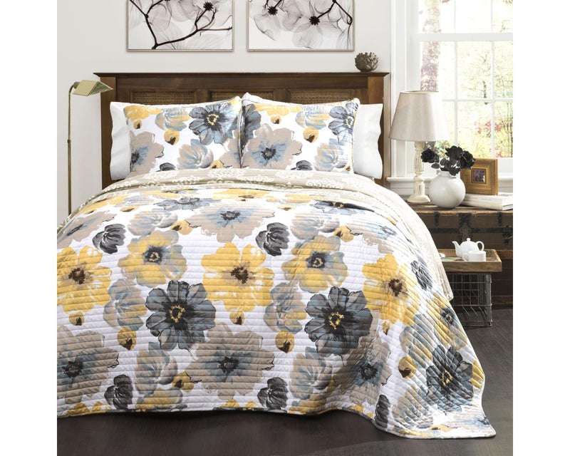 Lush Decor Leah Reversible Floral Quilt Set 3 Piece Set King Yellow  Gray  Charming Floral Bedding Set  Large Blooming Watercolor Flowers