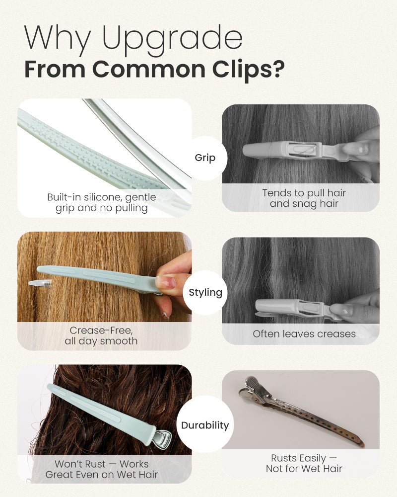 AIMIKE 4.8" Hair Clips for Styling â€“ Built-In Silicone Band Duckbill Hair Clips, No-Crease Sectioning Clips for Thick, Curly Hair, Ideal for Makeup, Hairstyling & Rollers, 6-Pack, Sage Green - Image 4