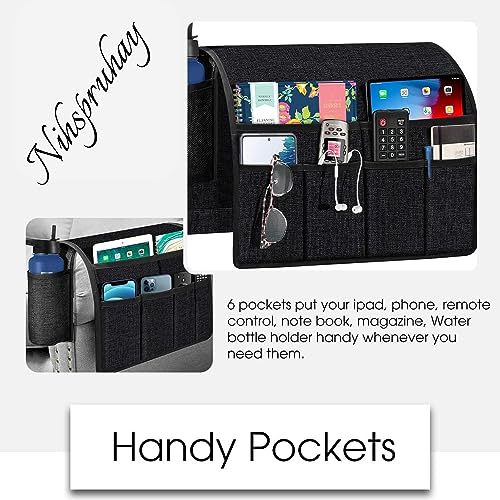 NIHSPRUHAY Cotton Sofa Armrest Organizer, Couch Arm Chair Caddy with 6 Pockets for Magazine, Books, TV Remote Control, Cell Phone, iPad with Font Side Drink Holder (Black) - Image 3