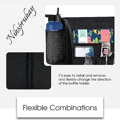 NIHSPRUHAY Cotton Sofa Armrest Organizer, Couch Arm Chair Caddy with 6 Pockets for Magazine, Books, TV Remote Control, Cell Phone, iPad with Font Side Drink Holder (Black) - Image 4