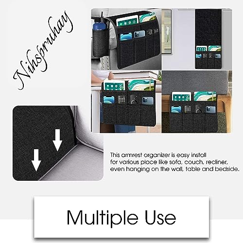 NIHSPRUHAY Cotton Sofa Armrest Organizer, Couch Arm Chair Caddy with 6 Pockets for Magazine, Books, TV Remote Control, Cell Phone, iPad with Font Side Drink Holder (Black) - Image 2