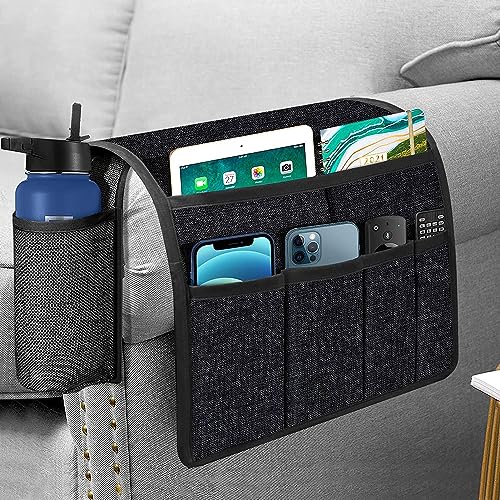 NIHSPRUHAY Cotton Sofa Armrest Organizer, Couch Arm Chair Caddy with 6 Pockets for Magazine, Books, TV Remote Control, Cell Phone, iPad with Font Side Drink Holder (Black) - Image 1