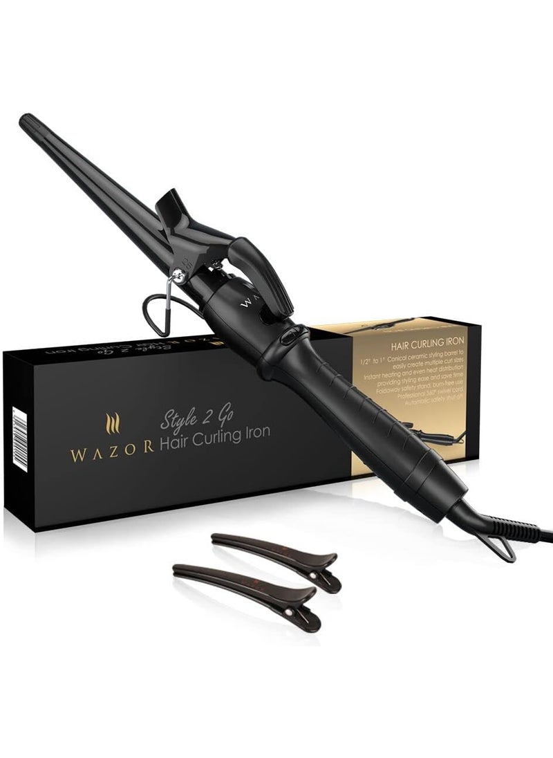 Wazor Professional 112 Tapered Curling Wand with Short Clamp Ceramic Curling Iron for Long Lasting Curls or Waves Hair Curling Iron Wand with Adjustable Temp Auto ShutOff 