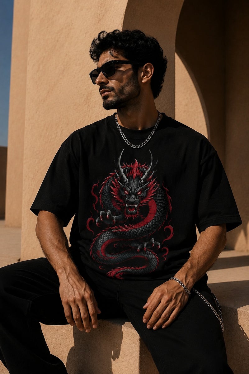 Men's Oversized Black Dragon Print T-Shirt Streetwear Graphic Tee Casual Short Sleeve Crew Neck Top - Image 4