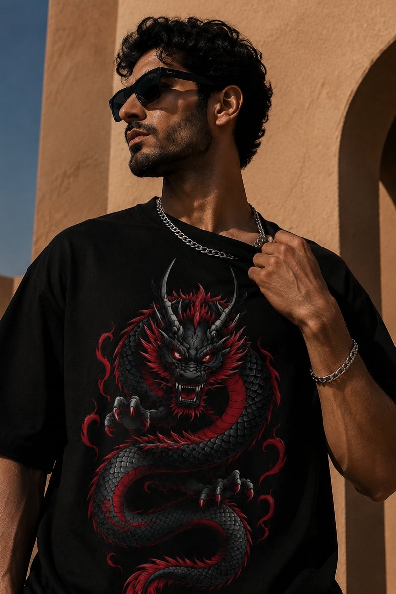 Men's Oversized Black Dragon Print T-Shirt Streetwear Graphic Tee Casual Short Sleeve Crew Neck Top - Image 1