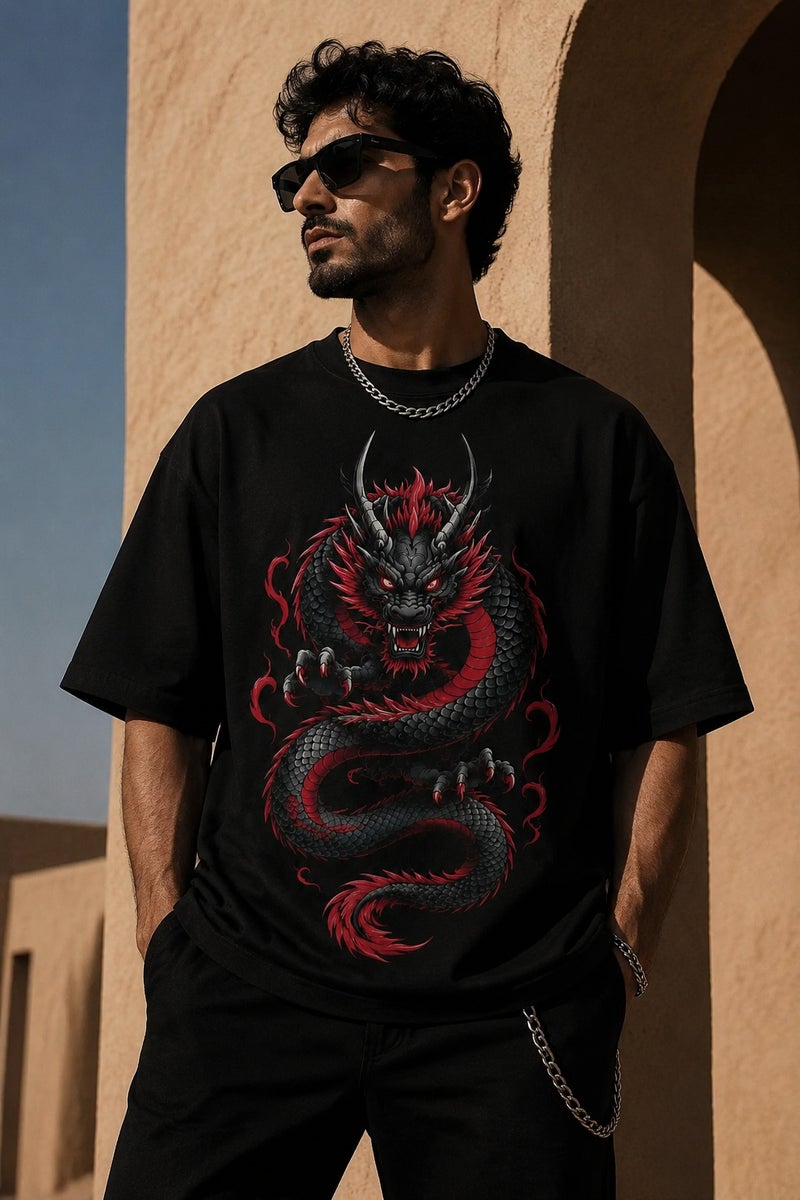 Men's Oversized Black Dragon Print T-Shirt Streetwear Graphic Tee Casual Short Sleeve Crew Neck Top - Image 5