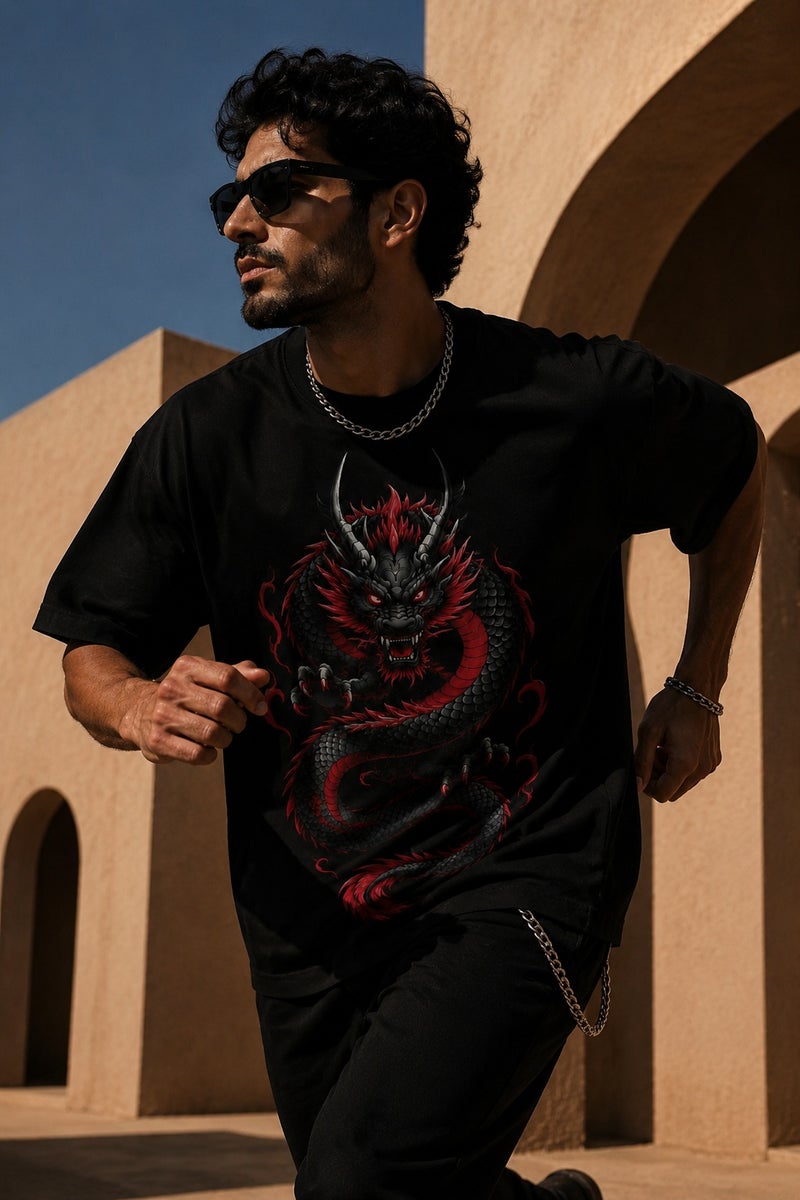 Men's Oversized Black Dragon Print T-Shirt Streetwear Graphic Tee Casual Short Sleeve Crew Neck Top - Image 3