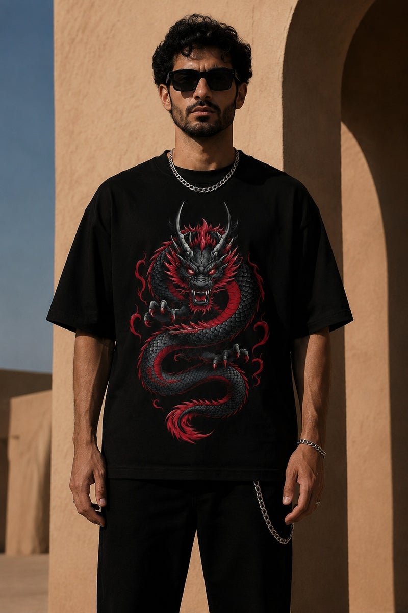 Men's Oversized Black Dragon Print T-Shirt Streetwear Graphic Tee Casual Short Sleeve Crew Neck Top - Image 2