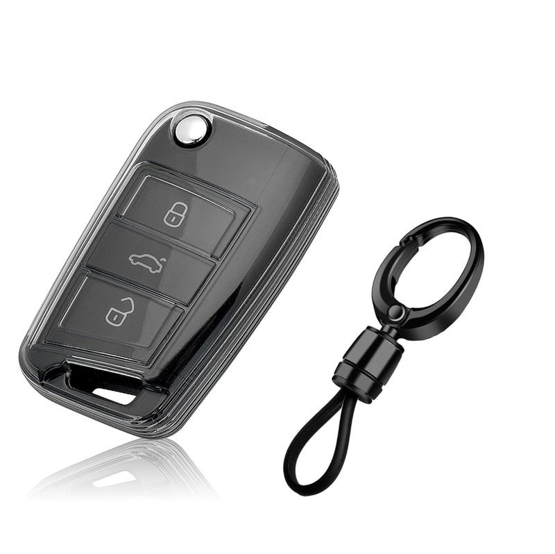 JVCV ® Soft TPU Transparent Cover Compatible with Skoda Kushaq Kylaq Slavia Taigun Tiguan Virtus Octavia Kodiaq Superb Folding Key (with Keychain - Style A) - Image 1