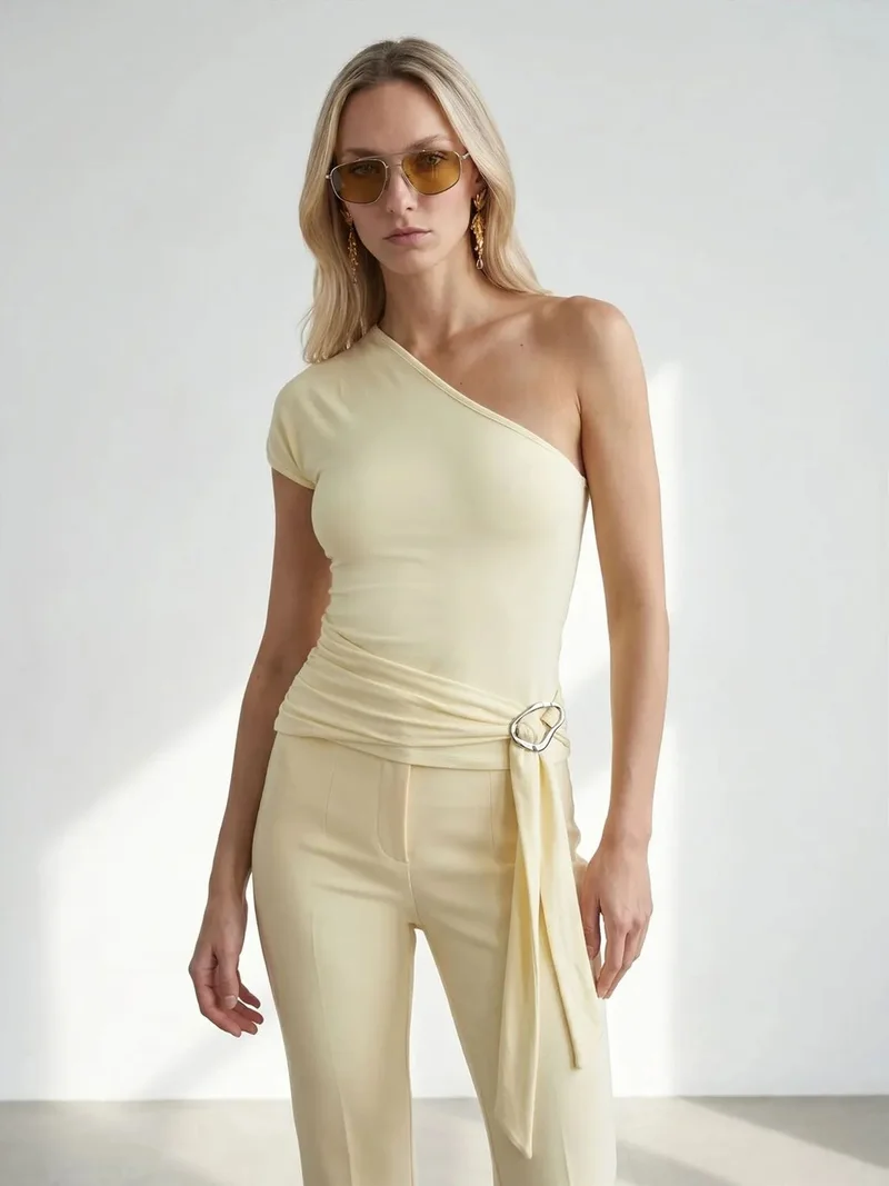 ديلفين Dilvin Slim Fit Off-Shoulder Jersey Blouse With Tie Detail
