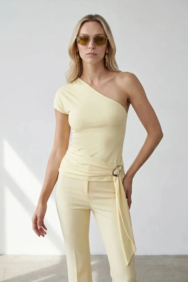 Dilvin Lemon Yellow DILVIN Asymmetrical Tie Detail Blouse for Women | Best Price UAE