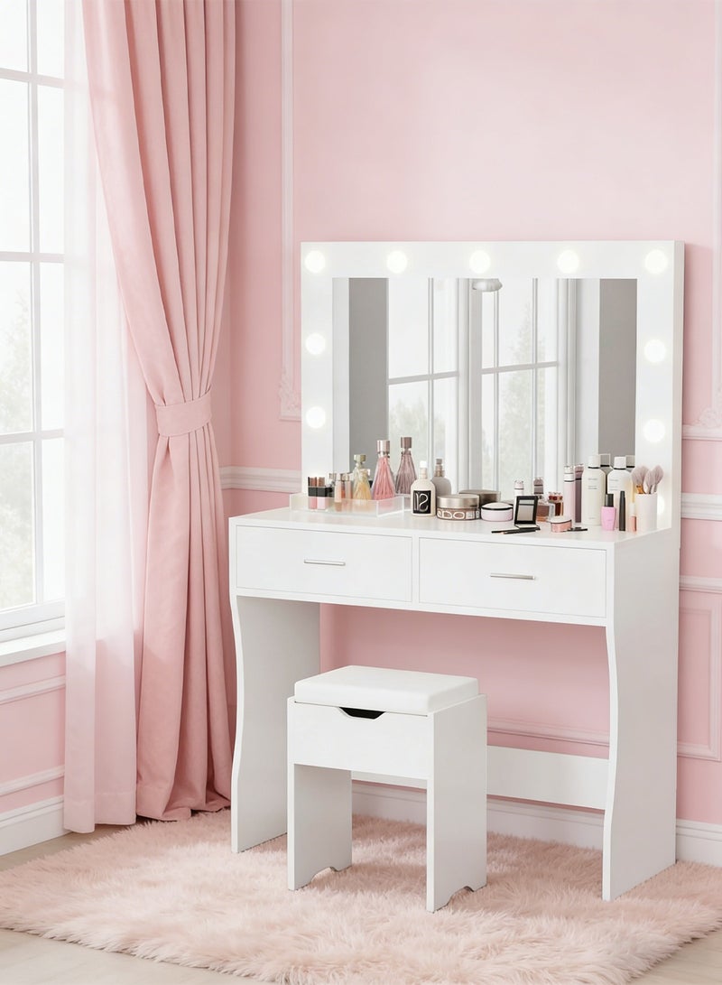 شاربدو طاولة مكياج غرفة النوم، طاولة تزيين ذات درجين، طاولة زينة، 3 أوضاع إضاءة ودرجة سطوع قابلة للتعديل، 90*40*134 سم (لا تتضمن كرسي الزينة) - Image 1