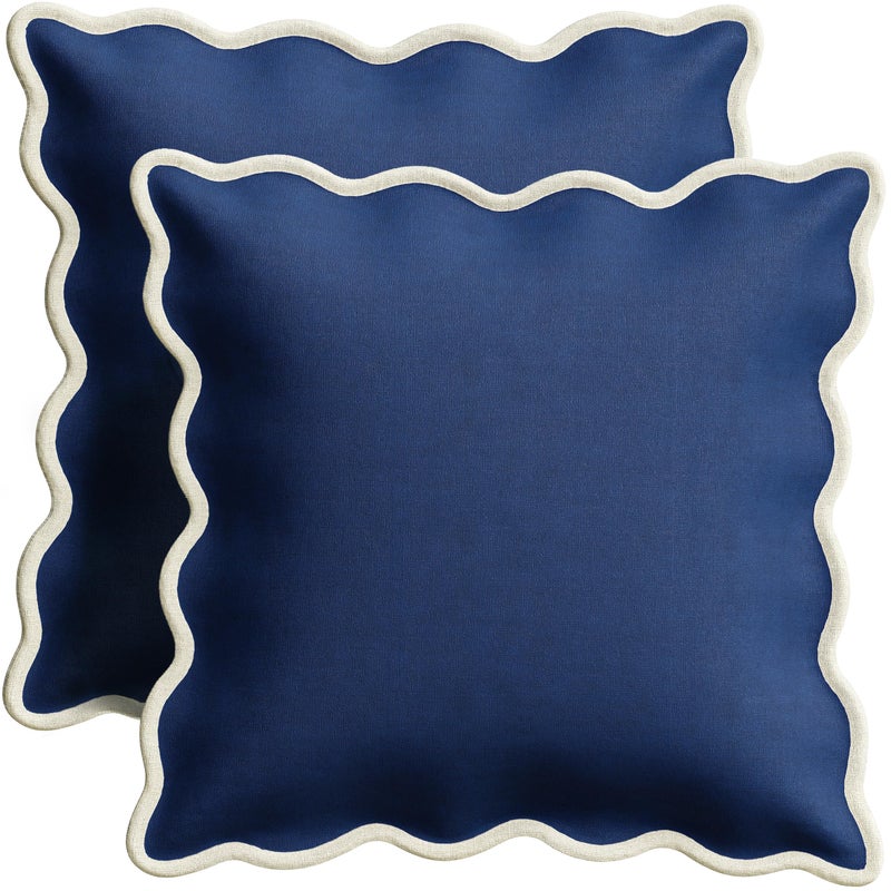 Orelle Scalloped Pillow Covers Set of 2 100 Linen Cotton Decorative Throw Pillow Covers 18x18 Navy - Image 2
