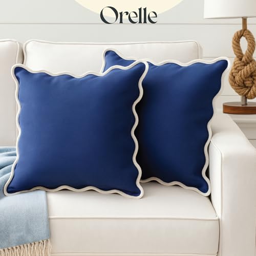 Orelle Scalloped Pillow Covers Set of 2 100 Linen Cotton Decorative Throw Pillow Covers 18x18 Navy - Image 3