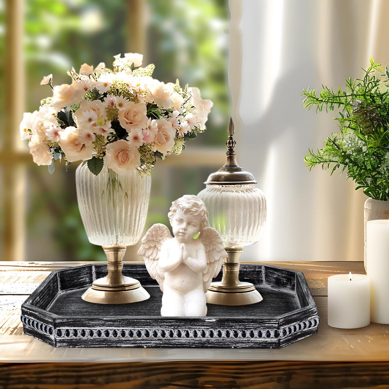 CedarLux Decorative Coffee Table Serving Tray, Long Octagonal Black Wood Tray with Wooden Bead, Farmhouse Big for Ottoman Table, Countertop, Home Decor, 16.5"x13"x1.6" (Retro Black) - Image 5