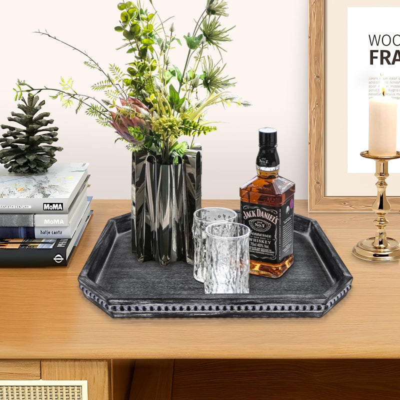 CedarLux Decorative Coffee Table Serving Tray, Long Octagonal Black Wood Tray with Wooden Bead, Farmhouse Big for Ottoman Table, Countertop, Home Decor, 16.5"x13"x1.6" (Retro Black) - Image 3